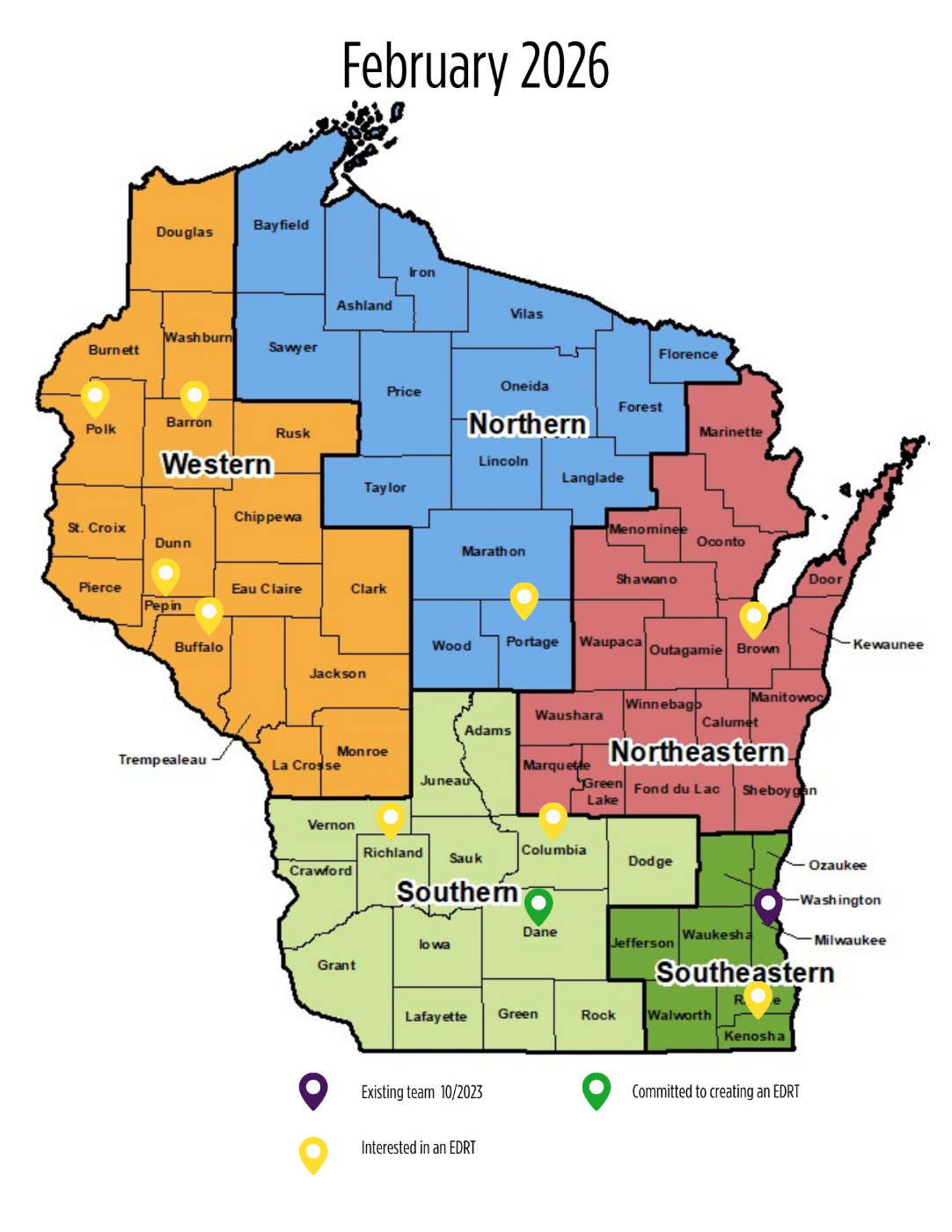 Map of Wisconsin showing EDRTs and interested counties