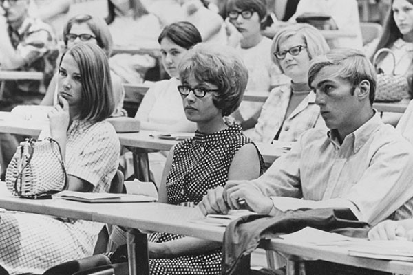 Early UWGB students in a 1968 classroom at the Deckner Center