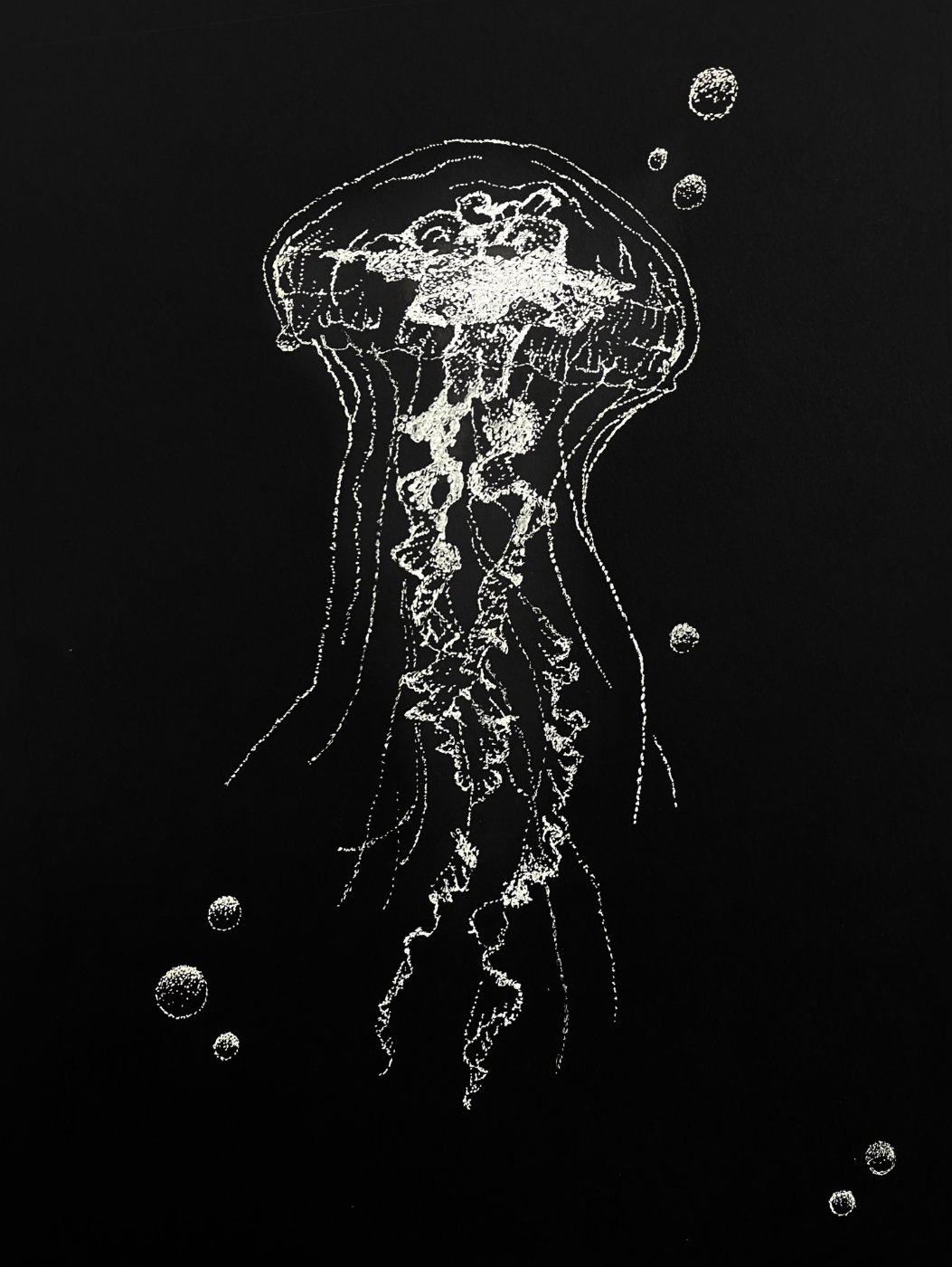 White ink drawing of a jellyfish on a black background.