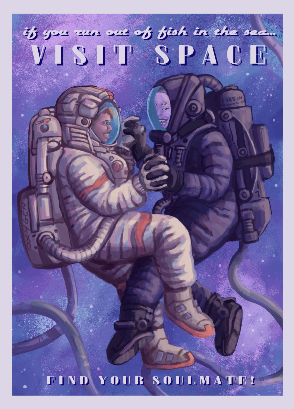 Travel poster-style digital art of two astronauts grappling in space.