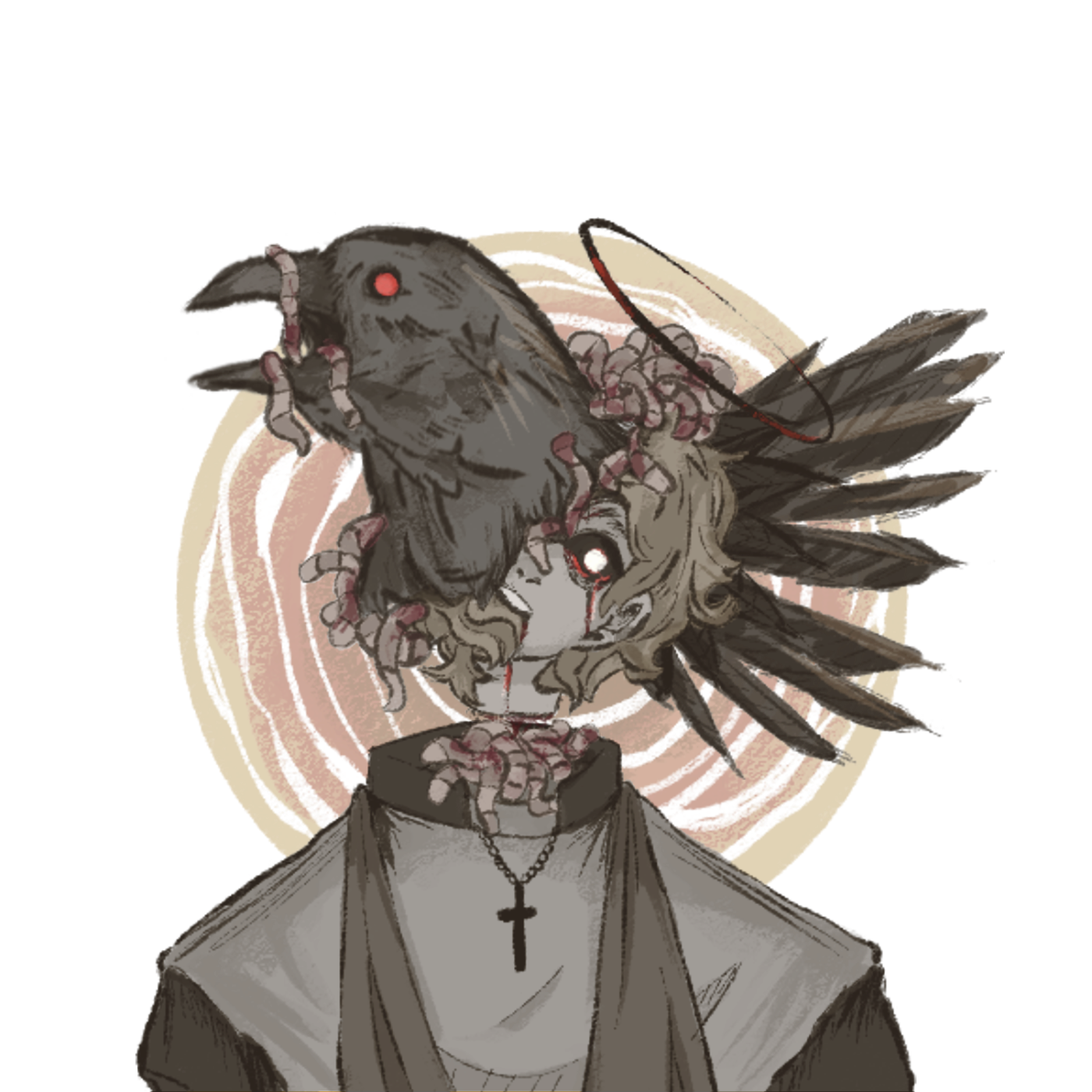 Digital art of a zombie priest with a crow bursting through its head.