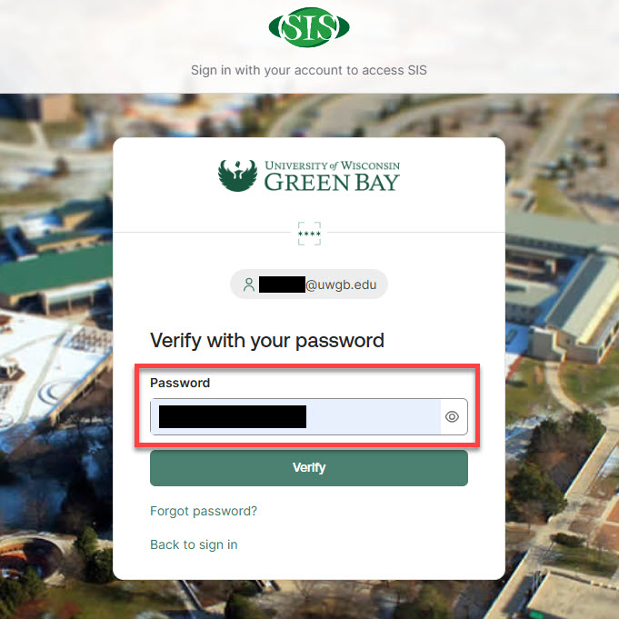 A screenshot of the SIS log in screen with a red box highlighting the field to enter the UWGB password associated with your account