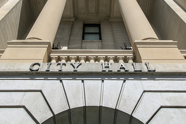 Looking up at city hall