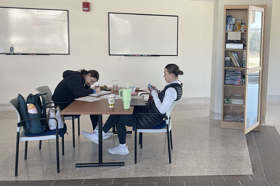Two students studying at a table in lounge area