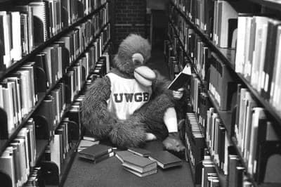 Vintage Phlash the Phoenix mascot sitting on the floor in the library stacks reading books