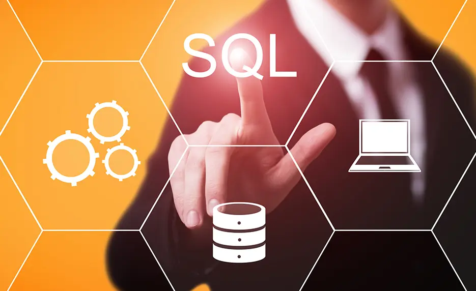 finger touching screen with symbols including SQL