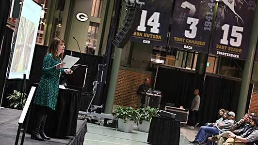 Rebecca Meacham giving a Lambeau Lecture