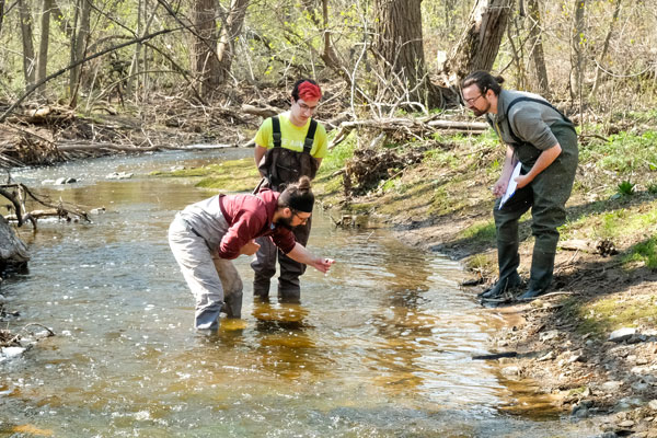 Three students gather water samples