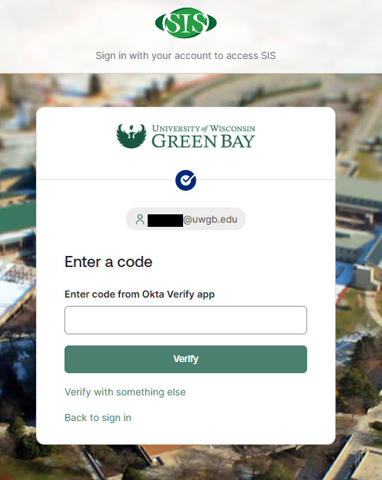 Ascreenshot prompting the user for a code generated on the Okta Verify app on the user's secondary authentication device.