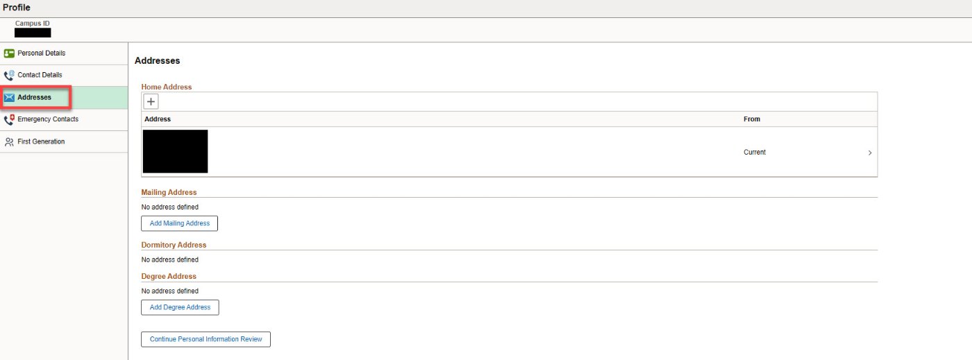 The Addresses tab in the Profile tile.