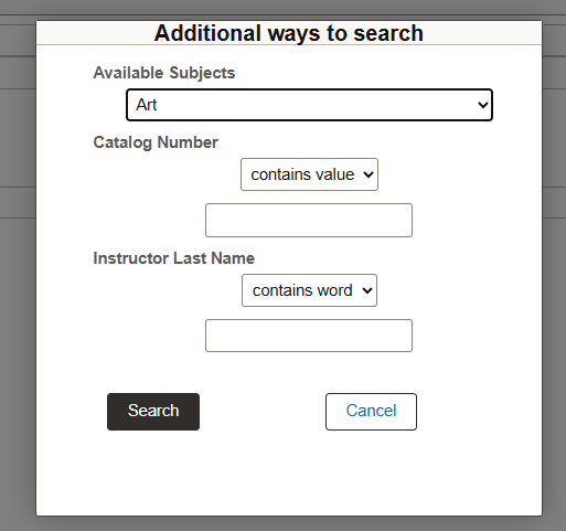 Searching by available subjects, catalog number or instructor last name