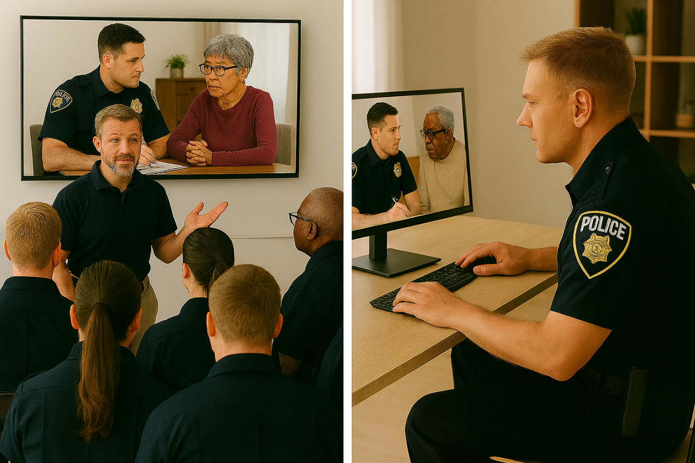 Split-screen image showing law enforcement training: on the left, an instructor addresses a group of uniformed officers while a screen behind him shows an officer speaking with an older woman; on the right, a uniformed officer sits at a desk using a computer to watch a training video.
