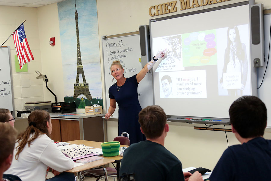 Teacher referencing a smartboard in front of class