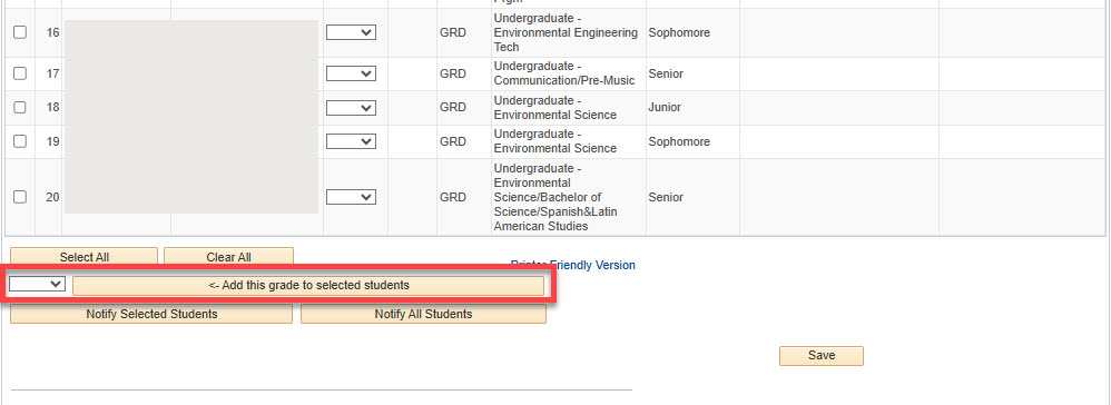 The "Add this grade to selected students" function at the bottom of the page.