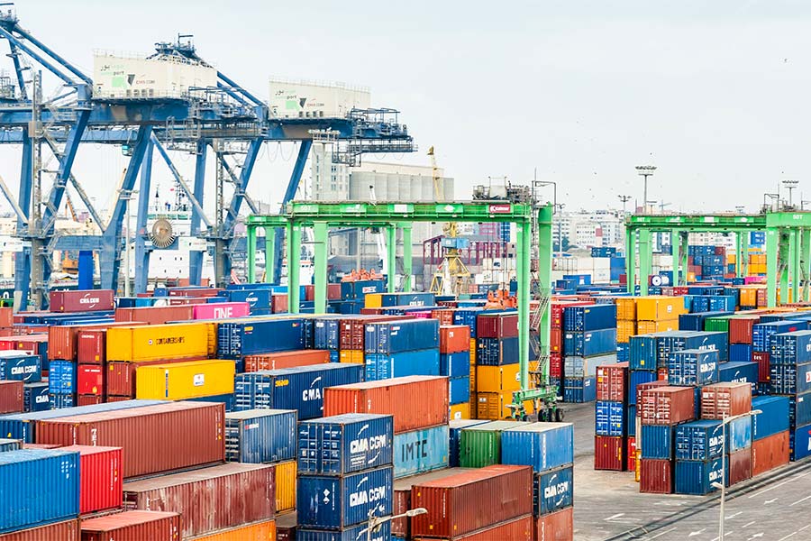 Freight shipping containers at a shipping port