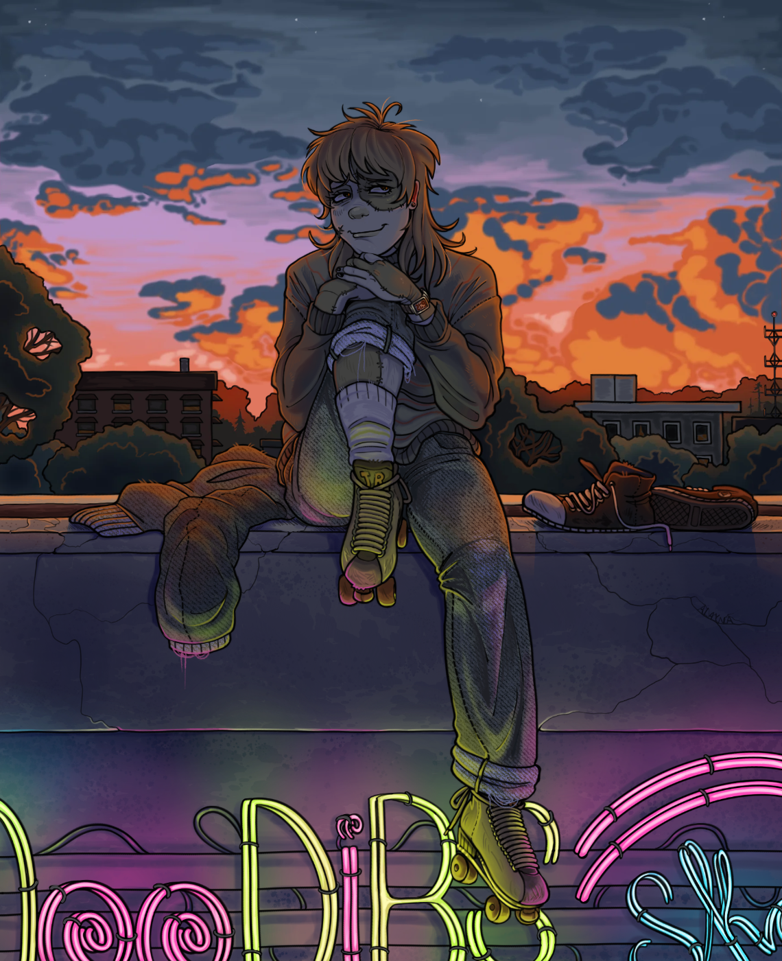 Digital art of a person on roller skates sitting on a rooftop over a neon sign.