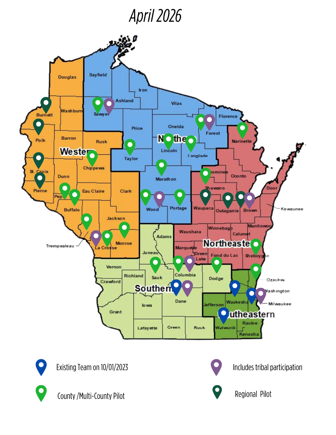 Map of Wisconsin showing FASTs in the state and Tribal participation