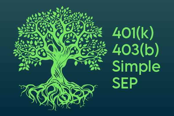 illustration of tree with roots and text 401(k) 403(b) Simple SEP