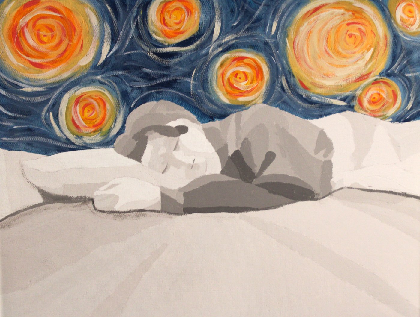 Painting of a young adult sleeping in a bed with swirling stars above.