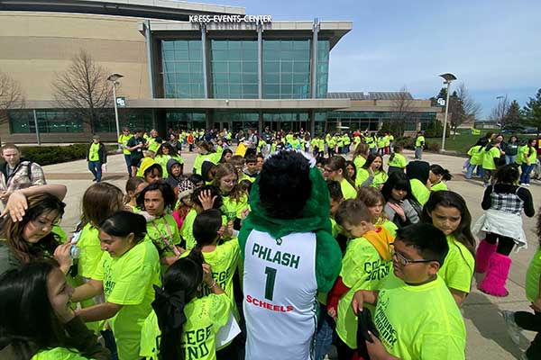 Phlash Mascot in group of students
