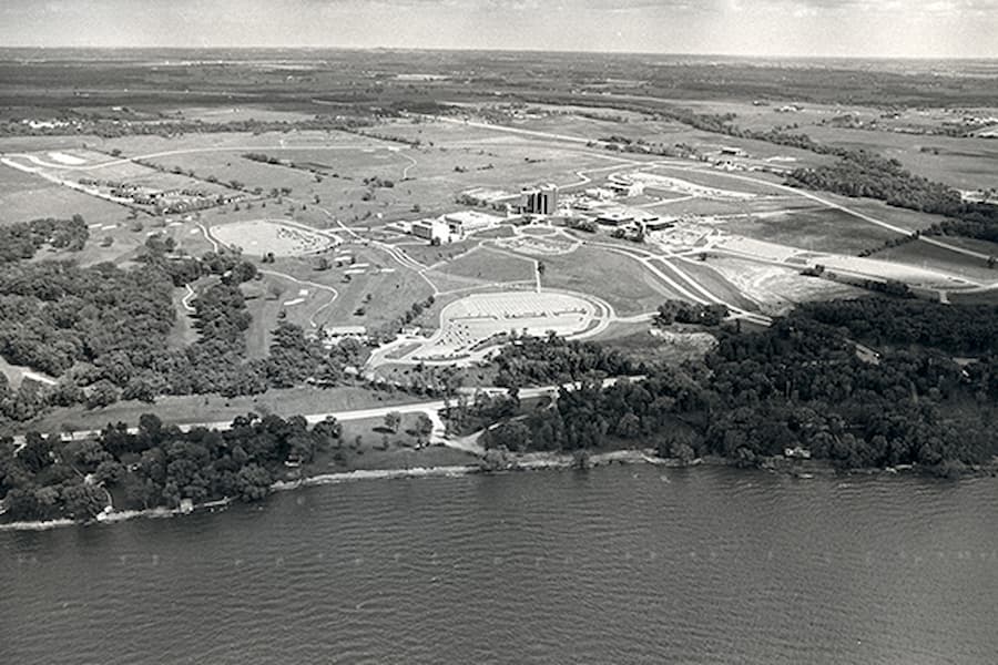 Black and white ariel view of campus in the 1970's