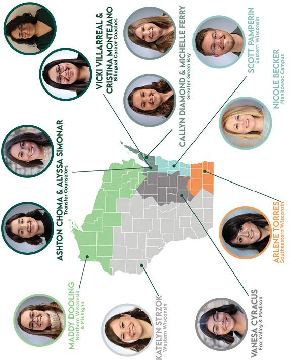 Map of Wisconsin with color coding by territory for each UW-Green Bay admissions counselor.