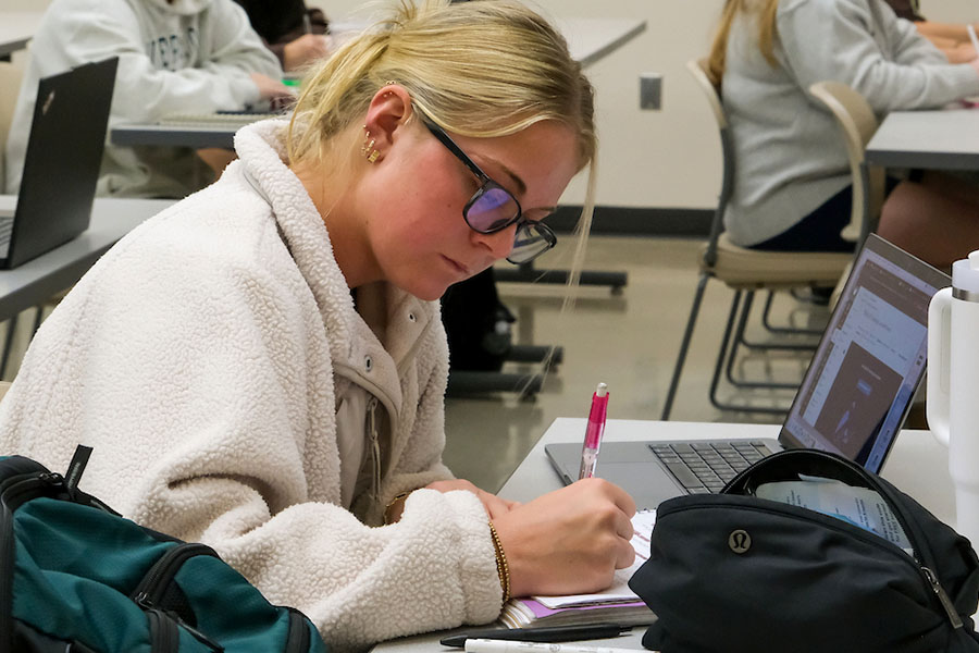 Student working at desk with laptop and notebook