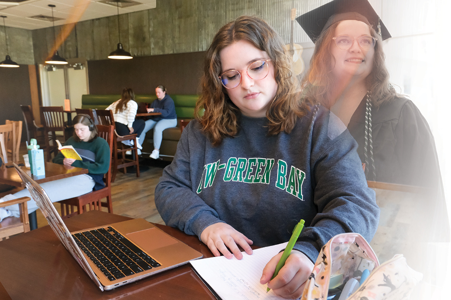 Transfer student Maddie writes notes in a notebook with a photo effect foreshadowing her at graduation