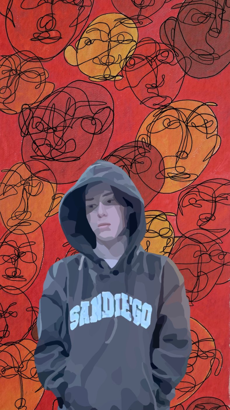 Painting of a young person in a San Diego gray hoodie against a colorful red and  yellow background.