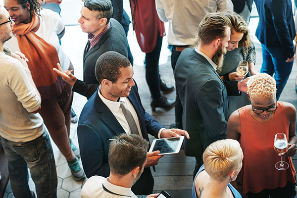 overhead view of group of people talking
