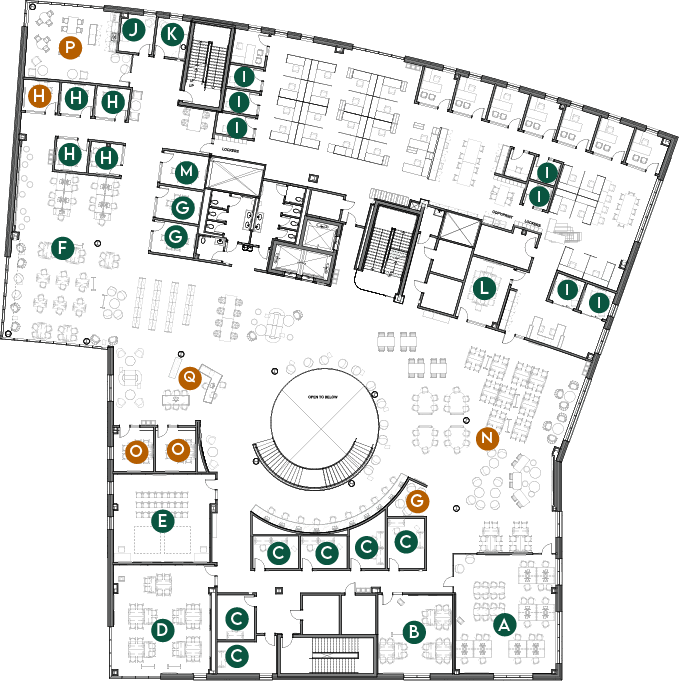 Second-floor plan of the Cofrin Technology & Education Center showing named and available spaces for sponsorship. Green and orange letter markers correspond to the naming‑opportunities table on the page.