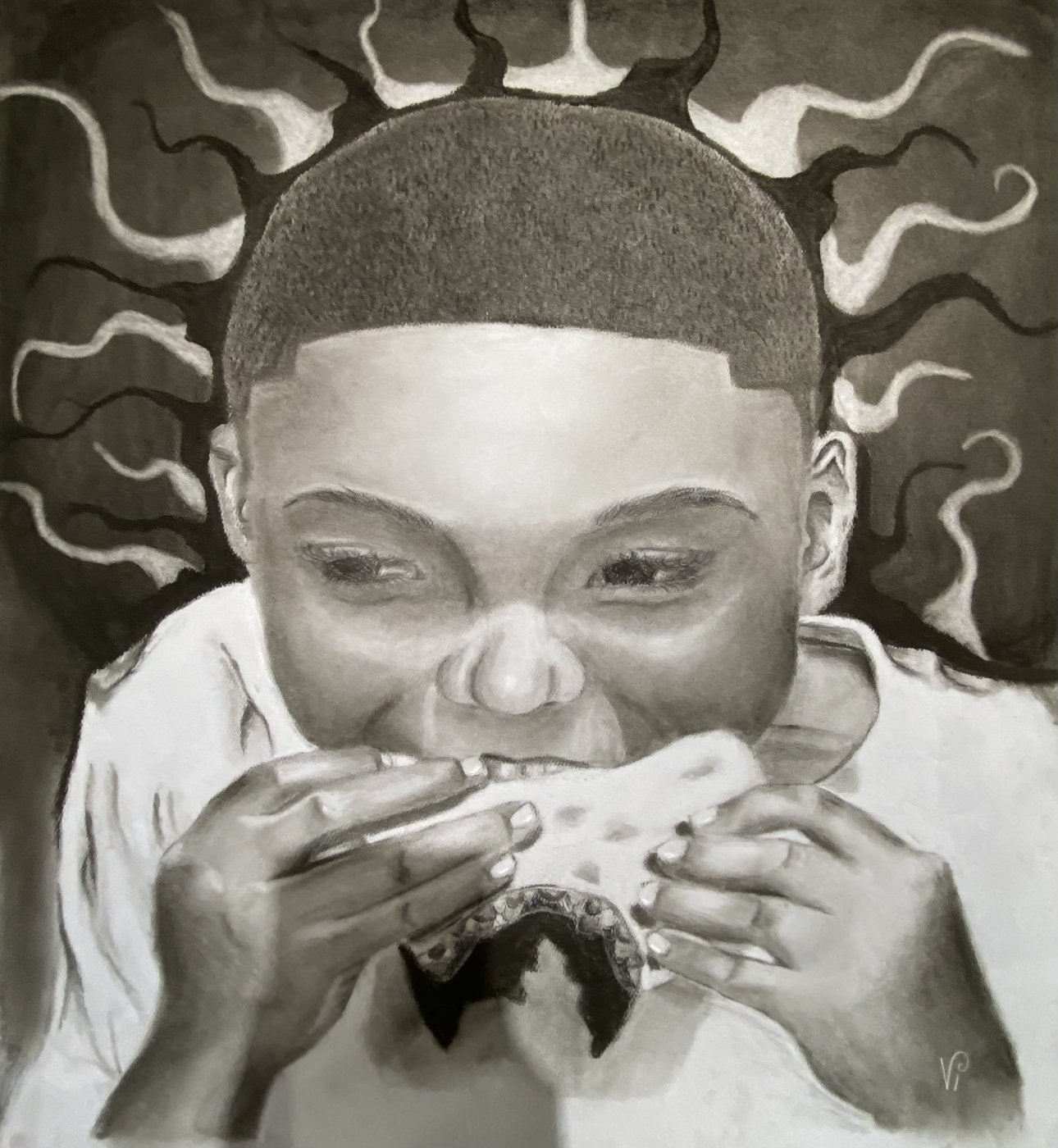 Black and white illustration of a boy eating a snack.