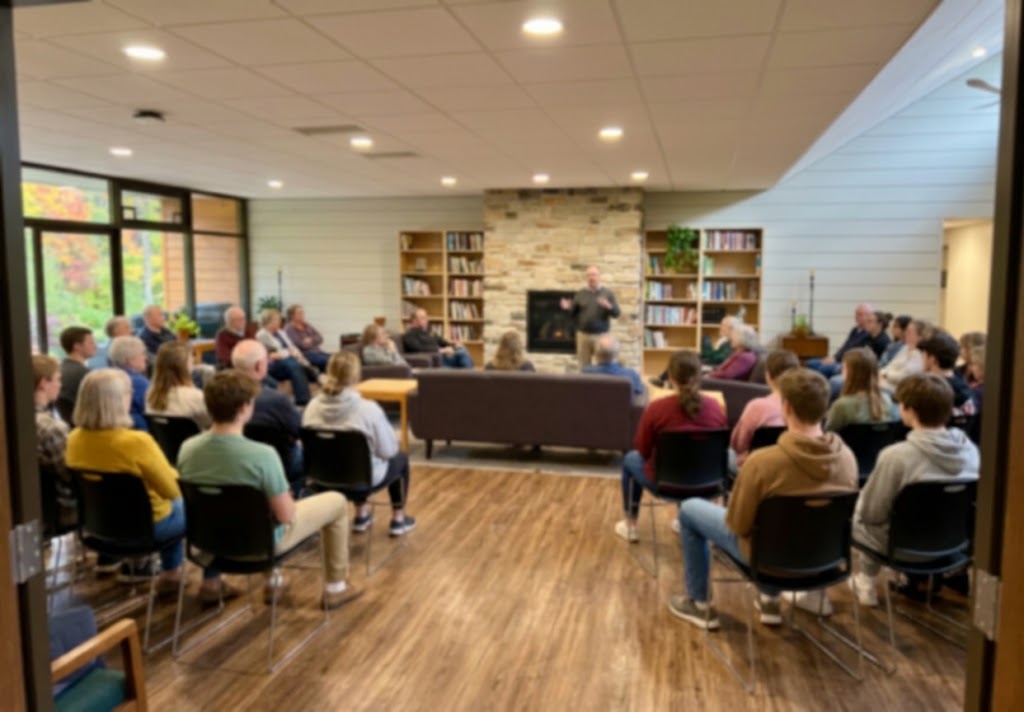 Group seated around a speaker